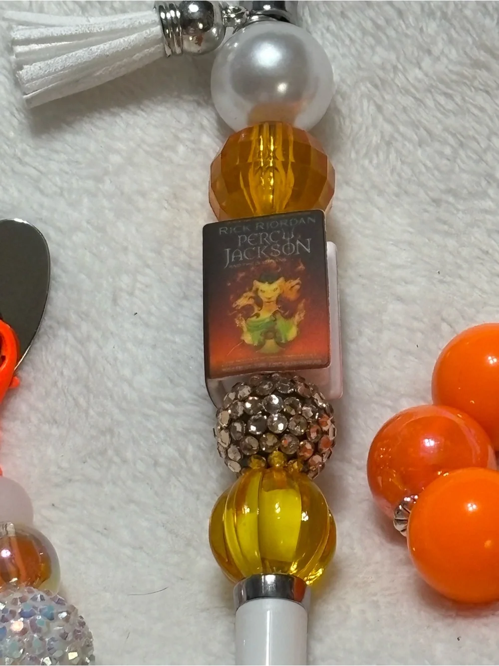 Handmade Orange Bead Keychain Bracelet, Pen, Bookmark, Charm Bundle
